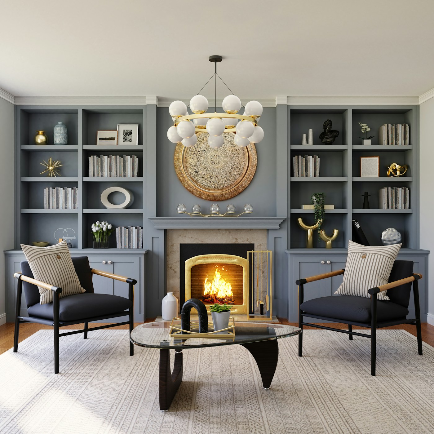Contemporary living room with geometric wallpaper