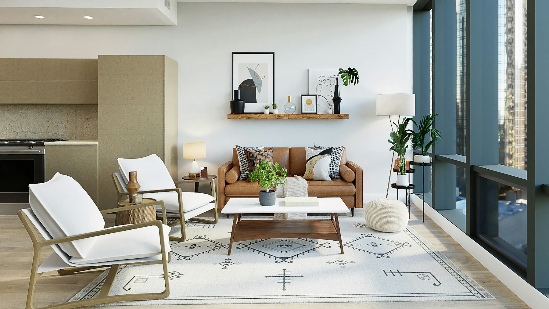 Bright coastal contemporary interior with professionally installed wallpaper